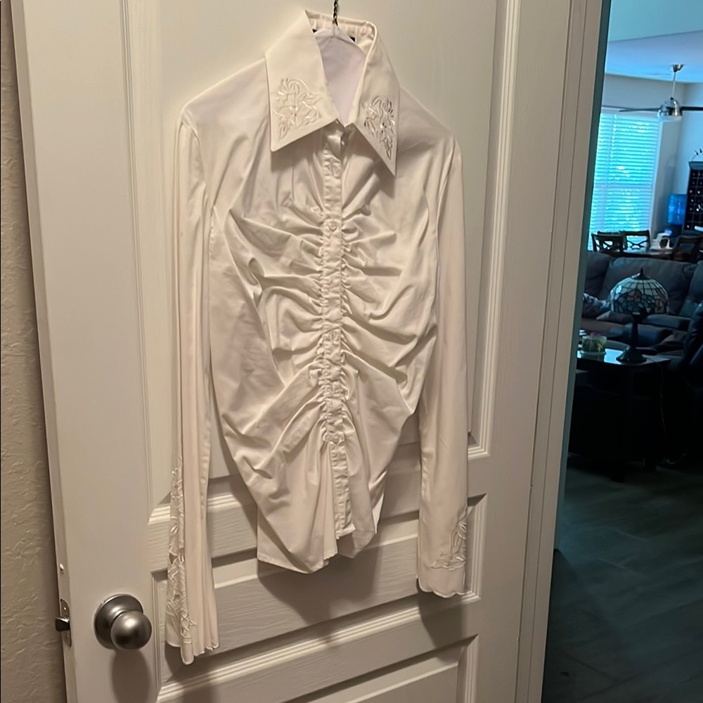 White Ruched Long Sleeve Button Down Blouse